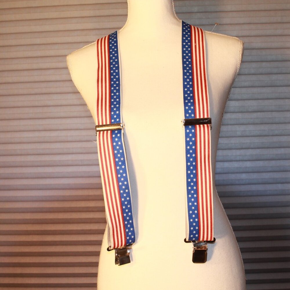 American Flag  2 " Red White Blue Elastic Suspenders Braces Clips Stars Stripes